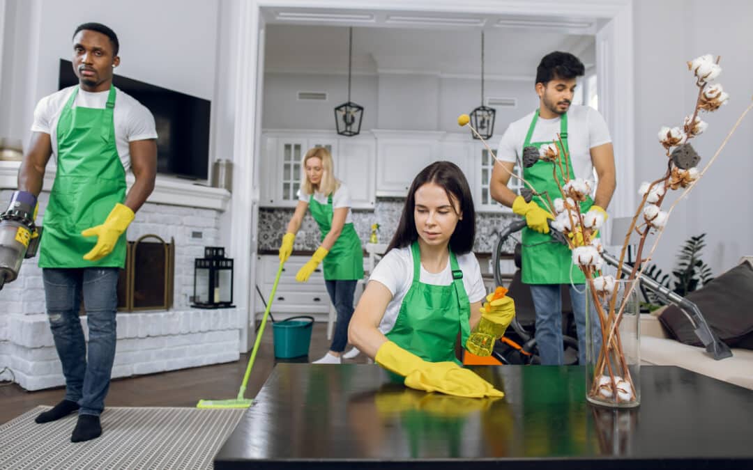 Group of multiracial people professional cleaning of room