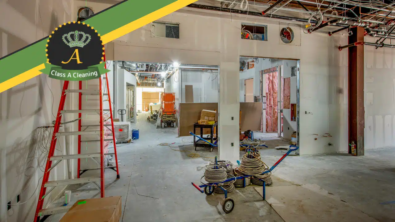 Construction site with Class A Clean log banner in top left